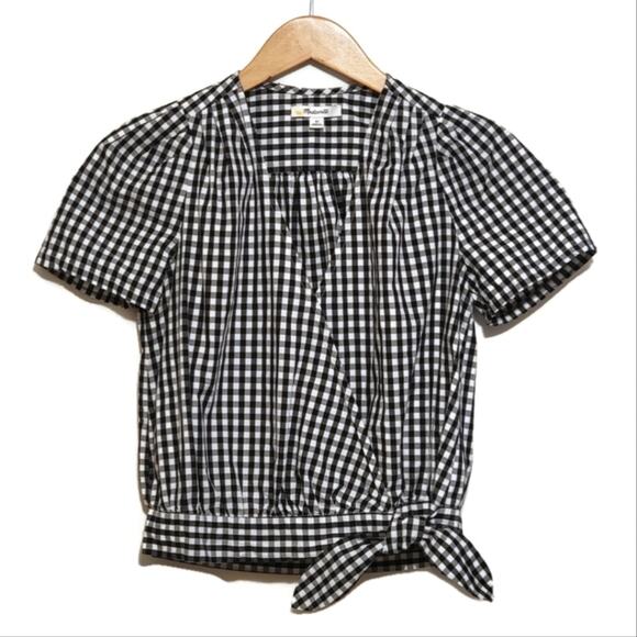 Madewell V Neck Short Sleeve Faux Wrap Front Tie Gingham Top Size XS - Picture 2 of 15